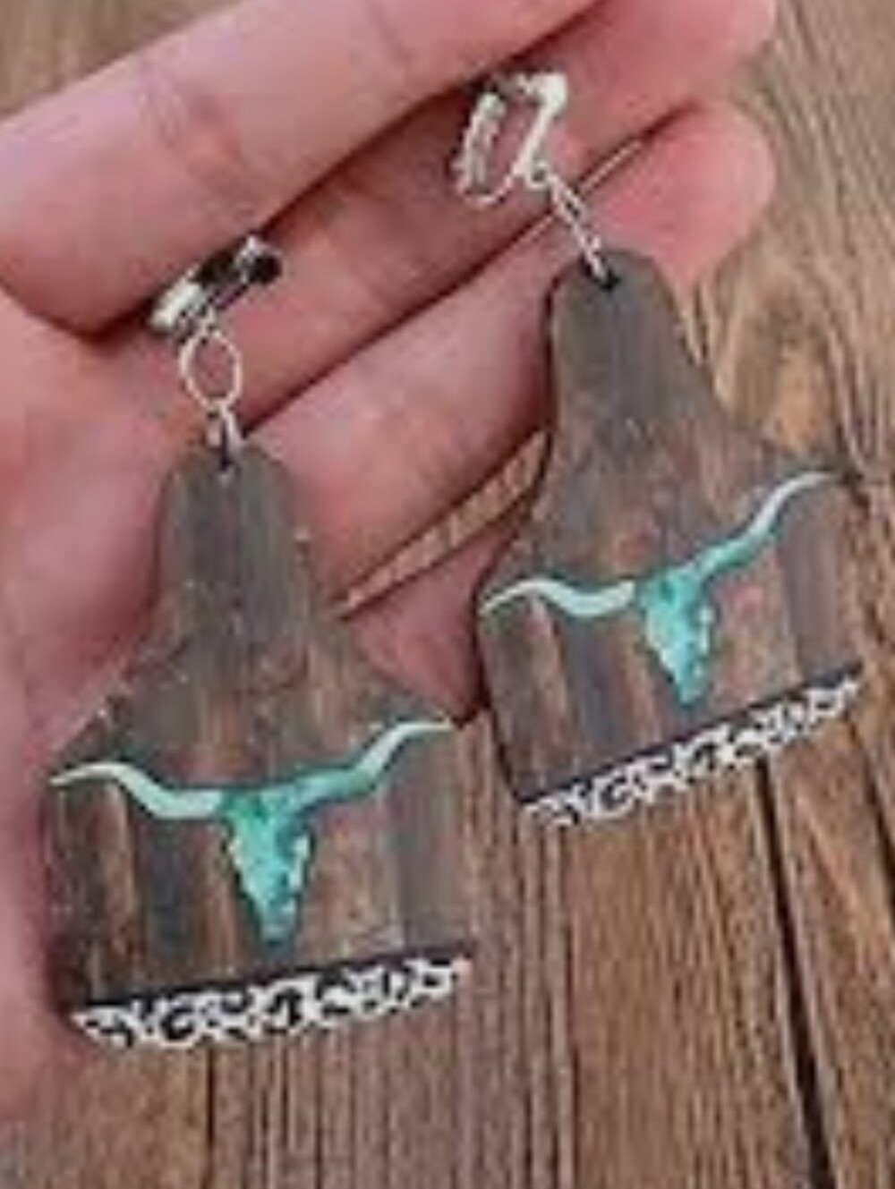 🤠✨ New Western Wood Cattle Tag Earrings Turquoise Longhorn & Leopard Print